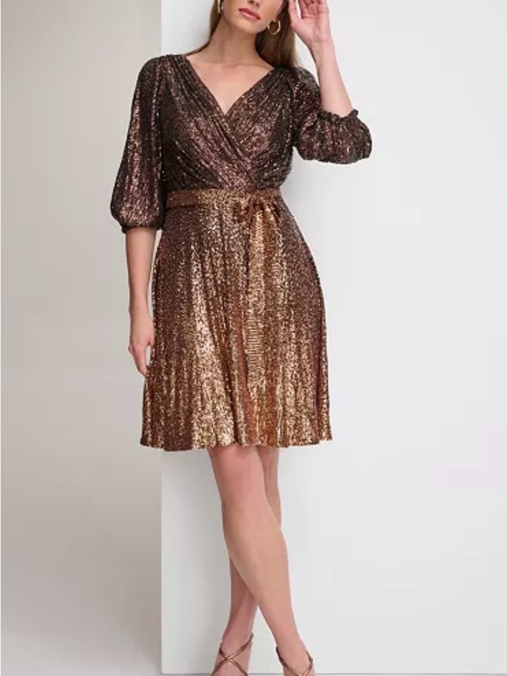 DKNY Copper/Bronze Sequin Midi Wrap Dress